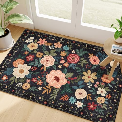 DUKINO 2x3 Rugs for Entryway, Floral Indoor Washable Door Mat, Non Slip Boho Small Rug for Kitchen, Soft Low Pile, Front D...