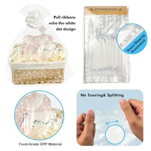 EKAPACKAGING 22x25 Inches 10 Pcs Large Cellophane Bags for Gift Baskets, Plastic Gift Basket Wrapping with Pull Ribbons, C...