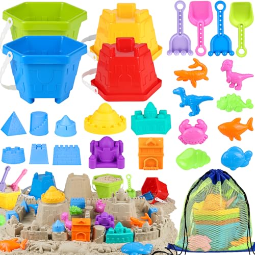 HUUIDY Beach Toys for Kids, Sand Toys with 4 Sand Buckets and Shovels for Kids, Sand Castle Building Kit with Mesh Bag & M...