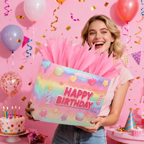 Vodolo 13” Happy Birthday Gift Bags with Tissue Paper Wrapping Paper and Card,Pink Gift Wrap Bags with handles for Women,G...