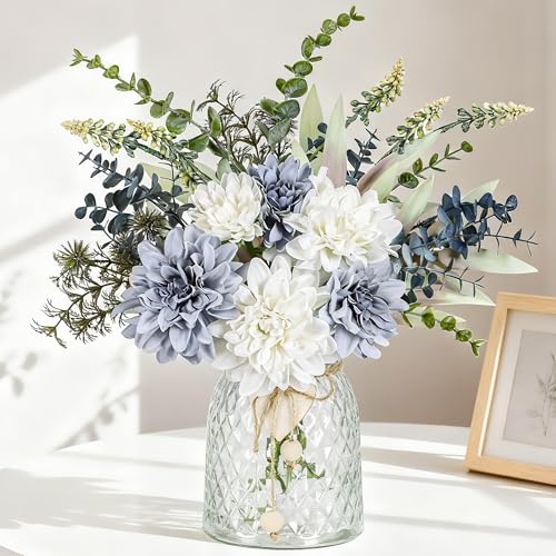 Der Rose Fake Flowers in Vase Silk Artificial Navy Blue Flowers Arrangements with Glass Vase for Dinning Coffee Table Cent...