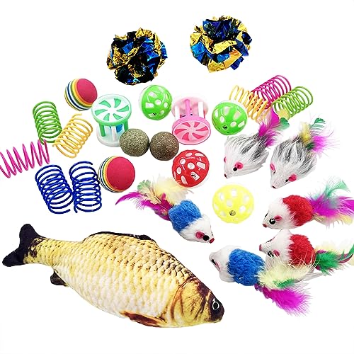 QUVOVID Cat Toys 27 Packs Combo Set, Cat Catnip Fish and Ball Toy, Cat Bell Balls Crinkle Balls, Cat Spring Toys, Plush Mi...