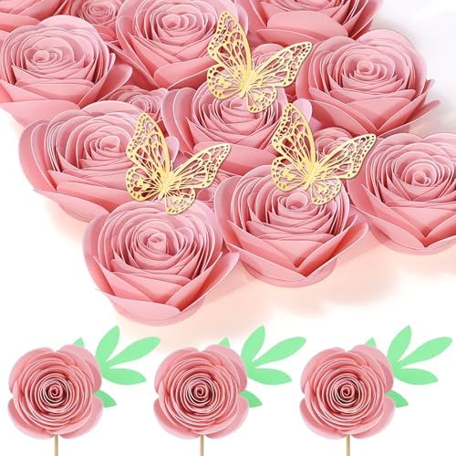 Mverse Pink Forever Rose, 3D Rolled Roses Paper Flowers Decorations for Custom Shadow Box Frame, Mini Artificial Crafts DI...