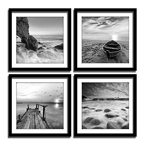 ENGLANT-4 Panels Set Framed Canvas Print for Seascape Beach and Boat Sunrise Scenery Black and White Giclee Canvas Print W...