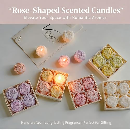 Rose Flower Shape Scented Candle,4 Pack Realistic Pink Rose Design,Plant-Based Natural Soy Wax Essential Oil Aroma Decorat...