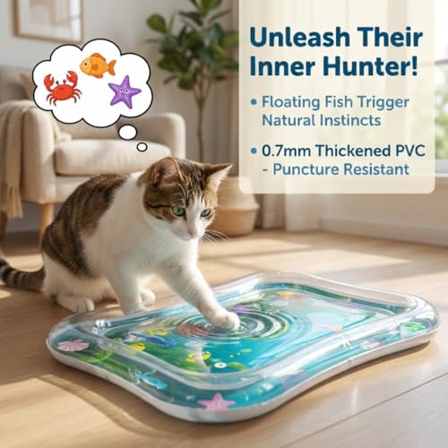 Interactive Cat Toy for indoor Cats, Upgraded Cat Water Mat with Fish - Thickened 0.7mm Enrichment Stimulating Water Senso...