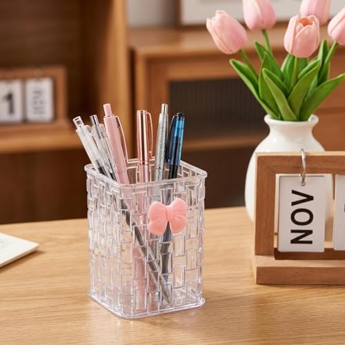Hecila Makeup Brush Holder Pen Holder for Desk Acrylic Makeup Brush Holderswith Woven Texture Pencil Organizer with Bow El...
