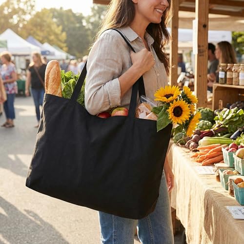 BasicList Extra Large Canvas Tote Bag - Big Reusable Grocery Shopping Heavy Duty Foldable