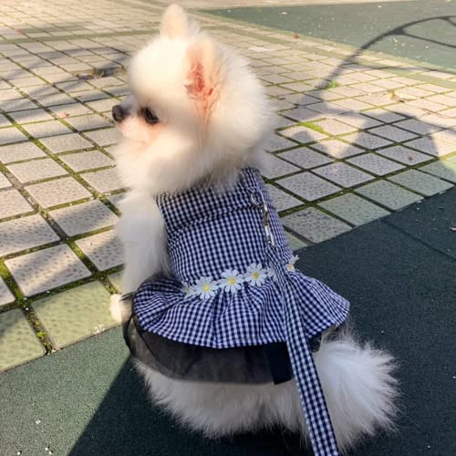 Small Dog Dress with Leash Set Adjustable Dog Harness Dress with D Ring Breathable Walk Doggie Outfits for Puppy Girl and ...