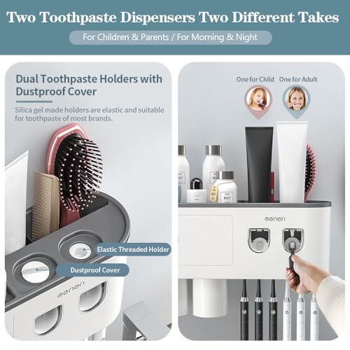 BHeadCat Toothbrush Holders for Bathrooms Wall Mounted, 6 Slot Toothbrush Holder with 2 Automatic Toothpaste Dispensers, 2...