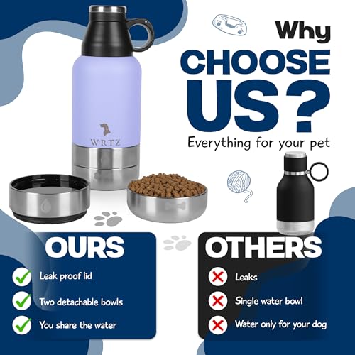 WRTZ Portable Dog Water Bottle with 2 Removable Water Bowls for Dogs – Leak-Proof Insulated Stainless Steel Dog Water Bott...