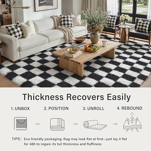 PureCozy Checkered Rug 8x10 for Living Room, Black and White Modern Shag Rugs Super Soft Washable Indoor Office Fuzzy Carp...