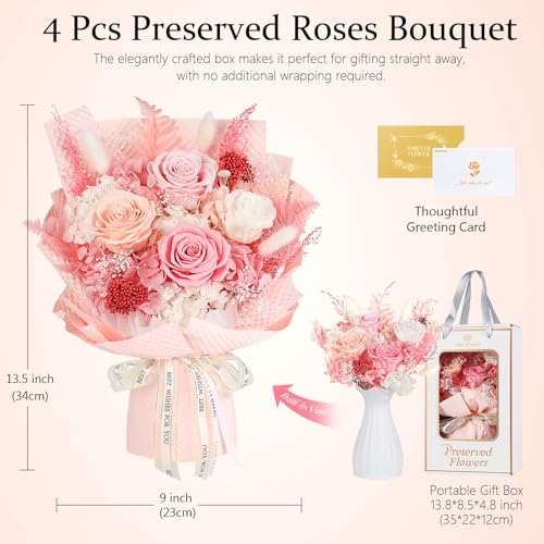 Preserved Flowers Bouquet 4 Roses - Pink Roses & Flowers for Delivery, Long-Lasting Real Roses Forever, Mothers Day Gifts ...