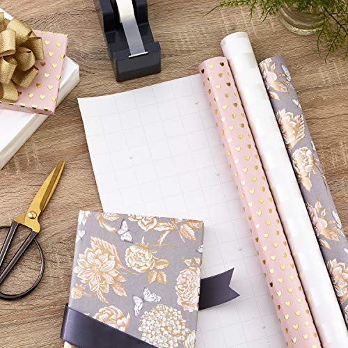 Hallmark Wedding Wrapping Paper Rolls - Gold Hearts, Rose Flowers, White Stripes Gift Wrap Paper (Set of 3 Rolls: 85 sq. f...
