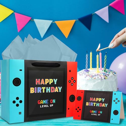 JOARHONAL Video Game Birthday Gift Bag - 13" Large Happy Birthday Gift Bag with Tissue Paper and Card for Boys Kids Video ...