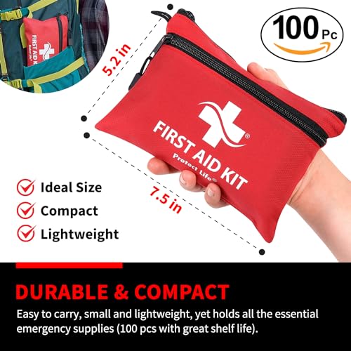 Protect Life First Aid Kit, Travel First Aid Kit for Car, 100 Piece Compact Emergency Preparedness Starter Kit for Home, O...