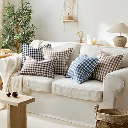 KINDREX Farmhouse Gingham Throw Pillow Covers 18x18 Set of 2, Small Checkered Linen-Textured Cushion Covers with Flanged E...