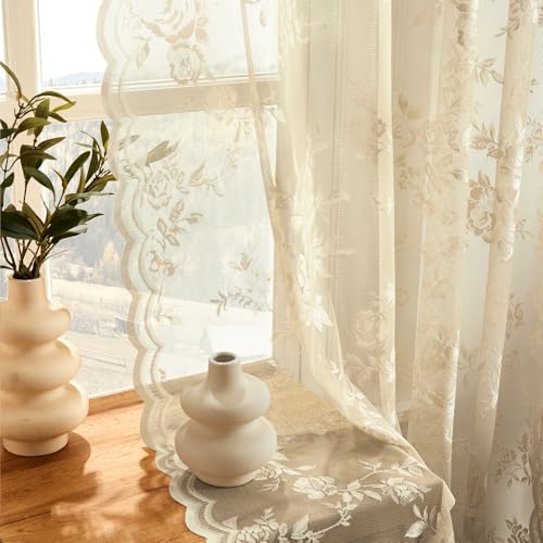 SEEKRIGHT Beige Lace Curtains 84 Inches Long Victorian Floral Sheer Curtains for Living Room Bedroom Decor Drapes Rod Pock...