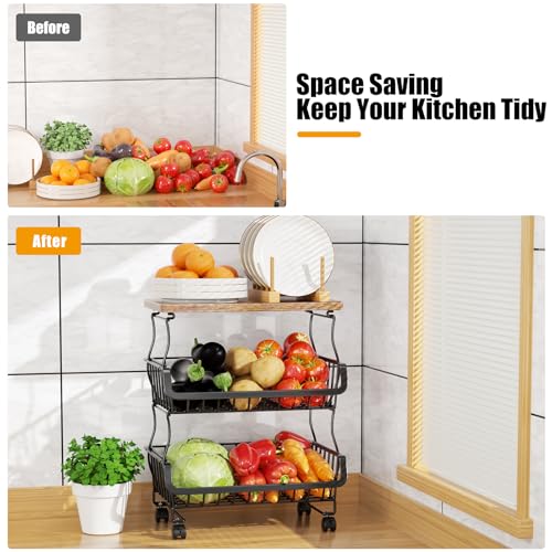 Gsiekare Fruit Vegetable Basket for Kitchen, 5 Tier Stackable Fruit Vegetable Storage Baskets with Wheels, Metal Wire Stor...