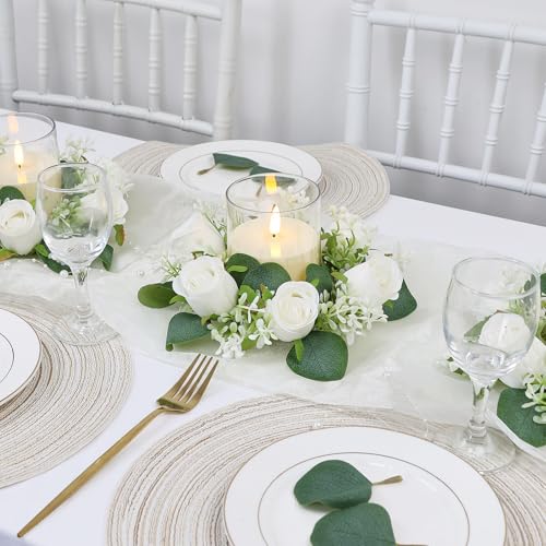 Acmee White Rose Candle Rings with Flameless Candles Sets - 12PCS Artificial Flower Eucalyptus Wedding Centerpiece 3 Inch ...