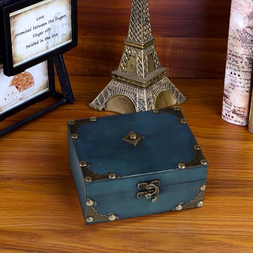 WaaHome Wood Treasure Box 5.5'' Small Decorative Teal Pirate Treasure Chest Jewelry Keepsakes Box for Kids Girls Boys Wome...