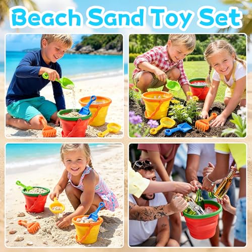 Collapsible Beach Toys for Kids,2 Packs Foldable Silicone Sand Buckets Set with 4 Packs Sand shovels and Mesh Bag,Travel B...