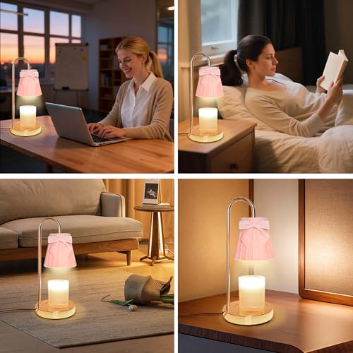 Pink Coquette Bow Flannel Candle Warmer Lamp with Timer and Dimmer, for Mom/Wife, Melt Wax Warmer Lamp with 2 Bulbs for Ca...