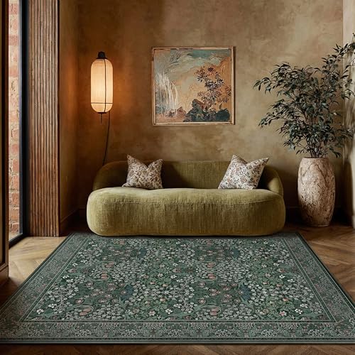 HUGEAR Vintage Floral Machine Washable 5x7 Area Rugs Green Living Room Bedroom Rug Retro Neutral Stain Resistant Non Slip ...