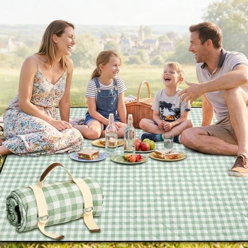 Extral Large Outdoor Waterproof Picnic Blanket With Shoulder Strap, 80"X80" 3-Layer Windproof Foldable Picnic Mat with Cor...