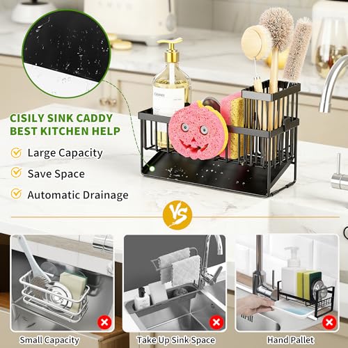 Sponge Holder for Kitchen Sink,Smiley Face Sink Caddy with Removable Brush Holder,Self-Draining Sponge Caddy for Sponge,So...