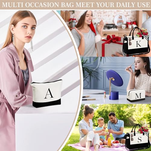 YOOLIFE Mothers Day Gifts - Initial Canvas Tote Bag & Makeup Bag, Birthday Gifts for Women Mom Sister Friends