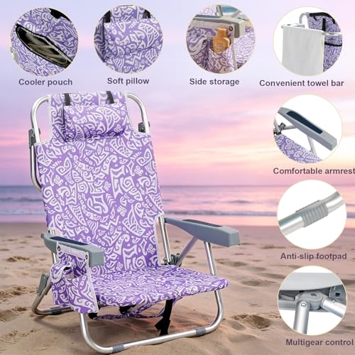 Outvita Backpack Beach Chair, 5 Level Adjustable Positions Beach Chair with Back Storage Bag, Cooler Pouch and Side Bags f...