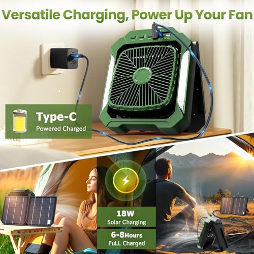 26800mAh Portable Fan Rechargeable with 18W Detachable Solar Panel, Quiet Battery Powered Camping Fan Cordless with LED La...
