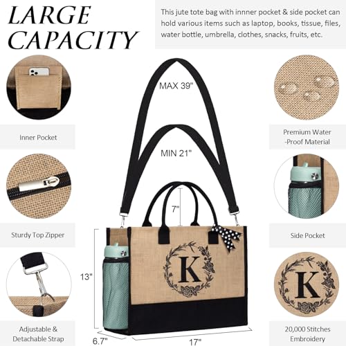 Personalized Gifts for Women Tote Bag, Initial Jute Tote Bag & Makeup Bags Monogrammed Beach Bag w/ Zipper, Mothers Day Bi...