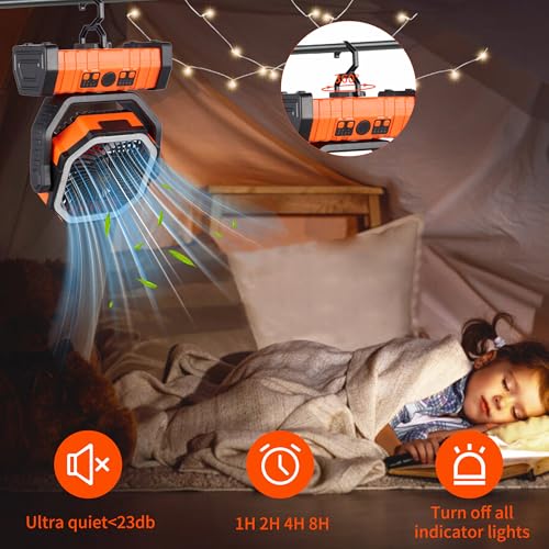 Rechargeable Fan,Operated Camping Battery Powered Fan with Hook&Bright LED Light,Remote Control Timer Auto Oscillation Cor...