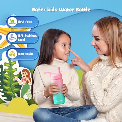 Kids Water Bottle, 2-Pack 16oz Kids Water Bottle with Stickers for School, insulated Stainless Steel Straw Cup(Pink+Blue)