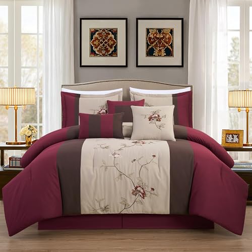 Chezmoi Collection Vienna 7-Piece Embroidered Floral Comforter Set (King, Burgundy Taupe Brown)