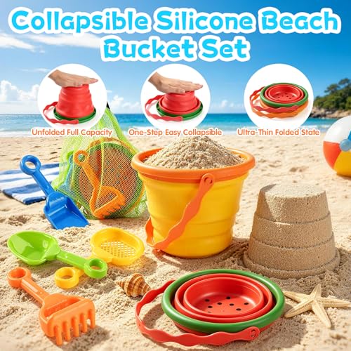 Collapsible Beach Toys for Kids,2 Packs Foldable Silicone Sand Buckets Set with 4 Packs Sand shovels and Mesh Bag,Travel B...