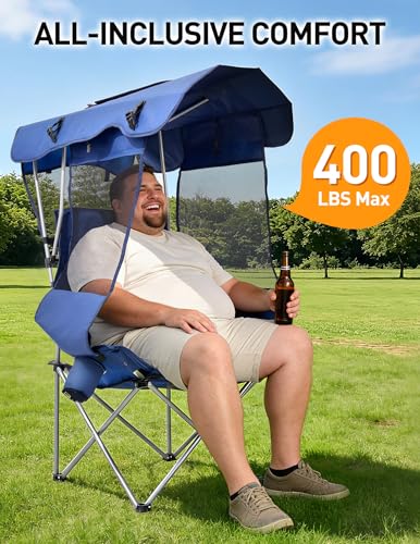 East Oak Oversized Camping Chair with Canopy | 400 LBS Heavy Duty Folding Beach Chair with Canopy Shade, Roomy Seat, Full ...