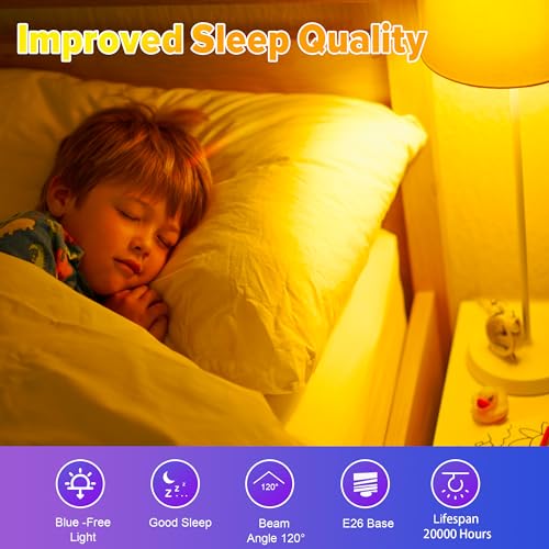 DALUXshop Amber Sleep Light Bulbs, Blue Light Blocking, A19 9W(60 Watt Equivalent) Dim Light Bulbs for Lamp, 1800K Warm Li...