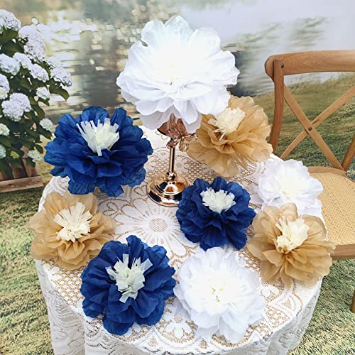 Mybbshower 12 PCS Navy Blue Gold Tissue Paper Flowers for Birthday Baby Bridal Shower Wedding Bachelorette Navy Blue Anniv...