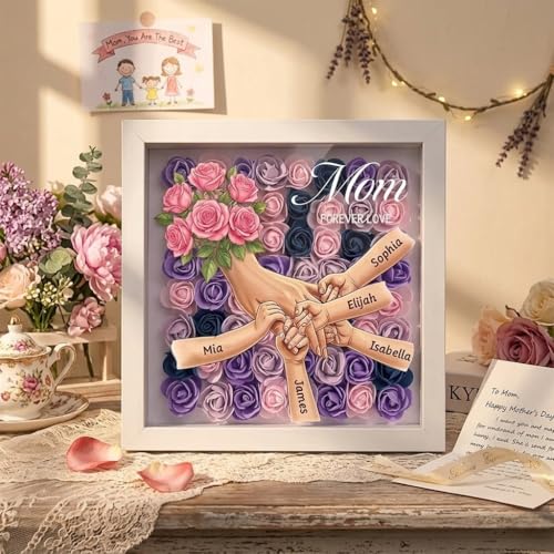 CUSTNEY Personalized Flower Shadow Box Mom Holding Hands- Custom Name &Text Memorial Frame for Mothers' Day, in Loving Mem...
