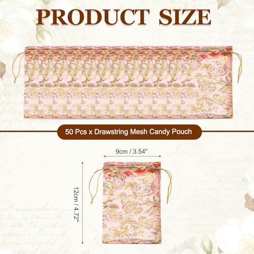 PATIKIL Organza Jewelry Gift Pouch, (4.7 x 3.5 Inch, Red) (50 Pcs) Gold Rose Drawstring Mesh Candy Pouch Mini Wedding Favo...