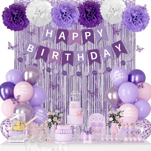 Purple Birthday Decorations for Women Girls, Lavender Pink Confetti Metallic Printed Balloons Butterfly Stickers Fringe Cu...