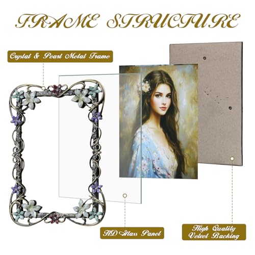 Essovee Vintage Photo Frame 4x6, Metal photo frame with European Floral Ornate Enamel Flower & Bronze Metal Design with HD...