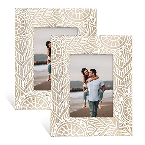 FOLKOR Boho Picture Frames 5x7, 2 Pack Engraved Farmhouse Wedding Picture Frame, Bohemia Decorative Photo Frame with Stand...