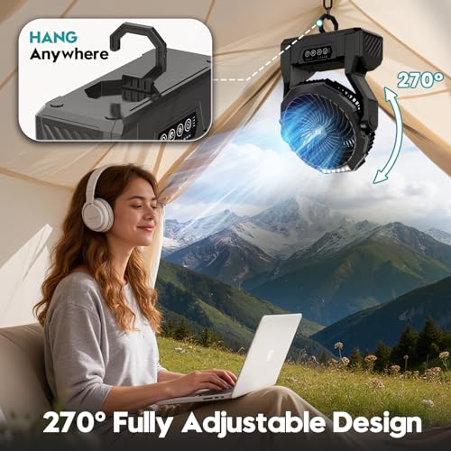 XZK Camping Fan, 20000mAh Rechargeable Battery Powered Fan with LED Lantern, Cordless Portable Tent Fan with Hanging Hook,...