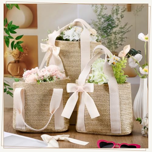 Clysee 6 Pcs Bridesmaid Straw Beach Bags Reusable Woven Burlap Tote Bags with Handles Ribbon for Bachelorette Wedding Gift...
