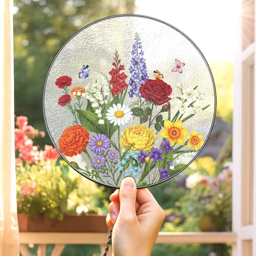 Custom Family Birth Flower Bouquet Suncatcher, Birth Month Flowers Stained Glass Style Window Hanging, Personalized Floral...