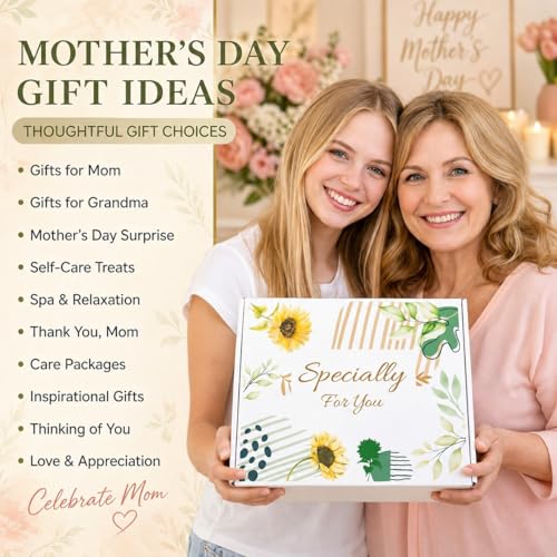 Mothers Day Gifts for Mom Grandma Wife - 9-Piece Sunflower Gift Basket with Blanket & Crochet Flower - Self Care Package, ...